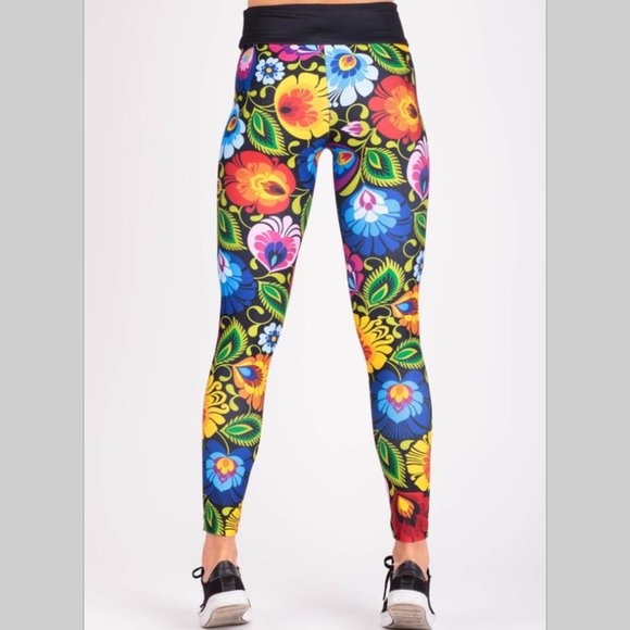 NWT fitness women woman leggings sport folklore flowers long Polish Polska new - Picture 2 of 8